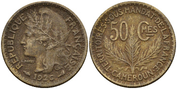 Камерун 50 сантимов 1926 (a), мондвор Париж KM 1 алюминиевая бронза 4164-1261