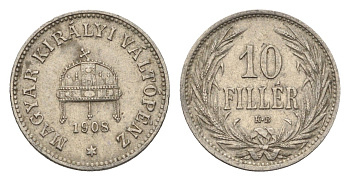 Венгрия 10 филлеров 1908 KB, Франц Иосиф I (1848-1916) KM 482 никель 4664-952