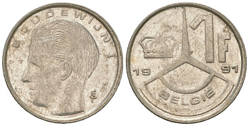 Бельгия 1 франк 1991 Belgie, Бодуэн I (1951-1993) KM 171 нержавеющая сталь 4618-228