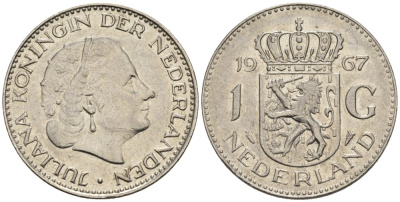 Нидерланды 1 гульден 1967 Юлиана (1948-1980) KM 184a никель 4579-455