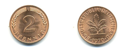 ФРГ 2 пфеннига 1970 G KM 106a, J.381a сталь плакированная сталь плакированная медью UNC 00-00