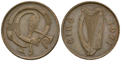 Ирландия 1/2 пенни 1971 птичка KM 19 бронза 4136-919