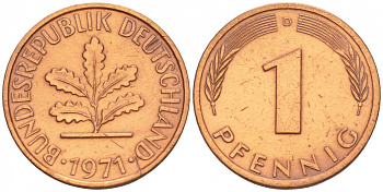 ФРГ 1 ПФЕННИГ 1971 D KM 105, J.380 сталь плакированная медью 4532-1269