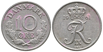 ДАНИЯ 10 ЭРЕ 1961 C; S, ФРЕДЕРИК IX (1947-1972) KM 849.1 медно-никель 26-866