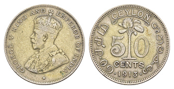 Цейлон 50 центов 1913 Георг V (1910-1936) KM 109 серебро 1516-1244