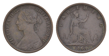 Великобритания 1 фартинг 1860 Виктория (1837-1901), зубчатая кайма KM 747.2, Spink 3958 бронза 4658-918