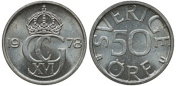 Швеция 50 эре 1978 U, Карл XVI Густав (1973- ) KM 855 медно-никель UNC 72-443