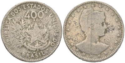 Бразилия 400 реалов 1901 MCMI, голова свободы вправо KM 505 медно-никель 4612-527