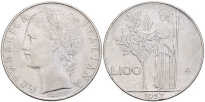 ИТАЛИЯ 100 ЛИР 1957 R, АФИНА У ОЛИВКОВОГО ДЕРЕВА KM 96.1 нержавеющая сталь 4545-622