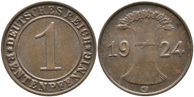Германия 1 рентенпфенниг 1924 G KM 30, J. 306 бронза UNC 413-3231