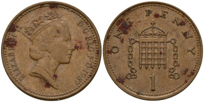 Великобритания 1 пенни 1987 Елизавета II (1952-2022) KM 935, Spink 4381 (B3) бронза 4154-969