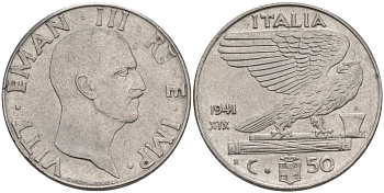 ИТАЛИЯ 50 ЧЕНТЕЗИМО 1941 R, ГОД XIX, ВИКТОР ЭММАНУИЛ III (1900-1946) KM 76b, VEM3. 1063 нержавеющая сталь 3853-354