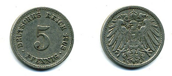 Германия 5 пфеннигов 1908 A KM 11, Jager 12, Weege 6 медно-никель 45-1131