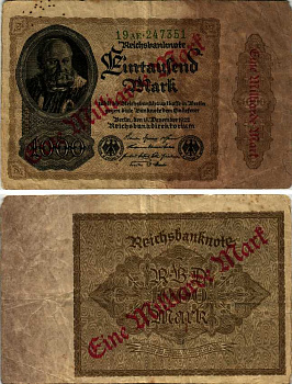 ГЕРМАНИЯ 1000000000 МАРОК 1923 СЕНТЯБРЬ 1923, ДИАГОНАЛЬНАЯ КРАСНАЯ НАДПЕЧАТКА НА 1000 МАРОК 1922 Pick 113а бумага 7547-52-1