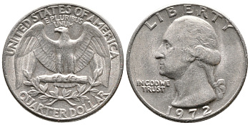 США 25 центов (квотер) 1972 Вашингтон KM 164а медь плакированная медно-никелем 4364-516