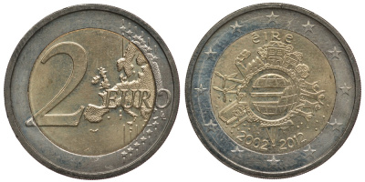 ИРЛАНДИЯ 2 ЕВРО 2012 10 ЛЕТ НАЛИЧНОМУ ЕВРО KM 71 биметалл 4384-541