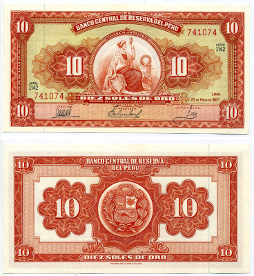Перу 10 солей 1967 Перу 10 солей 1967 свобода, Thomas de la Rue Pick 84 а бумага Pick 84а бумага UNC (пресс) 7548-8-1-1