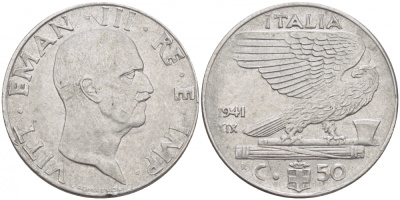 ИТАЛИЯ 50 ЧЕНТЕЗИМО 1941 R, ВИКТОР ИМАНУИЛ, XIX ГОД KM 76b сталь 4548-142