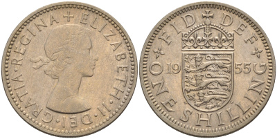 Великобритания 1 шиллинг 1955 Елизавета II (1952-2022), Английский герб KM 904, Spink 4147 медно-никель 4591-656