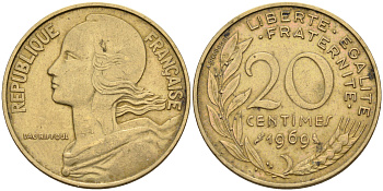 Франция 20 сантимов 1969 тип Марианна KM 930 медь алюминий никель 4116-521