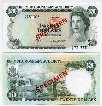 Бермудские острова 20 долларов 1978 образец, Specimen Pick 31 s бумага UNC (пресс) 00-00