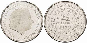 Нидерланды 2 1/2 гульдена 1979 400 лет Утрехтскому союзу, Юлиана (1949-1980) KM 197 никель 38-835
