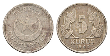 Турция 5 курушей 1943 KM 862 медно-никель 4124-1046