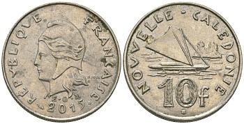 Французская Новая Каледония 10 франков 2015 рыбачья парусная лодка, (IEOM) KM 11a, Schoen 13a, Lec 99k медно-никель 68-141