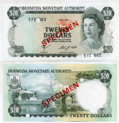 Бермудские острова 20 долларов 1978 образец, Specimen Pick 31 s бумага UNC (пресс) 00-00
