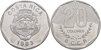 КОСТА-РИКА 20 КОЛОНОВ 1983 В.С.С.R. KM 216.1 нержавеющая сталь 82-1014
