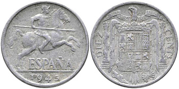 ИСПАНИЯ 10 СЕНТИМО 1945 РЫЦАРЬ НА КОНЕ KM 766 алюминий 110-926