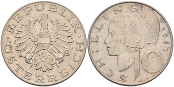 Австрия 10 шиллингов 1980 KM 2918 никель плакированный медно-никелем 4116-1016