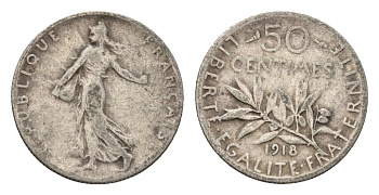 Франция 50 сантимов 1918 KM 854 серебро 4164-167