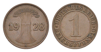Германия 1 рейхспфенниг 1928 A KM 37, J. 313 бронза 4636-262