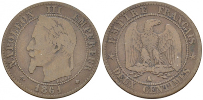 ФРАНЦИЯ 2 САНТИМА 1861 A KM 796.4 бронза 116-746