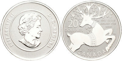 Канада 20 долларов 2012 с рождеством, олени, Елизавета II (1952-2022) KM NEW серебро PROOF 11-265-42