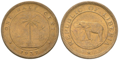 Либерия 1/2 цента 1937 KM 10 латунь aUNC 4588-958