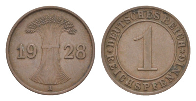 Германия 1 рейхспфенниг 1928 A KM 37, J. 313 бронза 4636-262