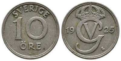 Швеция 10 эре 1925 W, Густав V (1907-1950) KM 795 никель бронза 72-1153