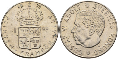 Швеция 1 крона 1973 U, Густав VI Адольф (1950-1973) KM 826a медь плакированный медно-никелем 4150-352