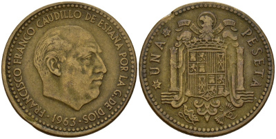 Испания 1 песета 1963 Франсиско Франко (1939 - 1975) KM 775 алюминиевая бронза 4189-863