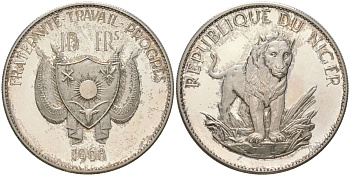 Нигер 10 франков 1968 Лев KM 8.1 серебро PROOF 11-244-43