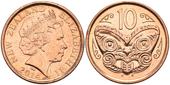 Новая Зеландия 10 центов 2014 маска Маори, Елизавета II (1952-) KM 117а сталь плакированная медью 65-757
