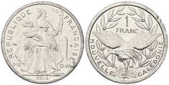 Французская Новая Каледония 1 франк 2014 птица кагу, (IEOM) KM 10, Schoen 10 алюминий 33-415