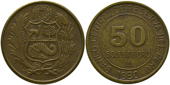 Перу 50 солей 1980 LIMA KM 273, Schon 83 латунь 4565-515