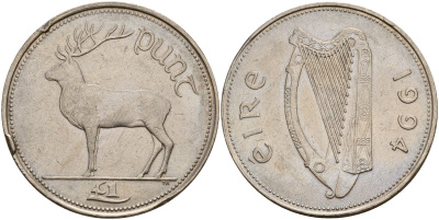 Ирландия 1 фунт 1994 Олень KM 27 медно-никель 4140-421