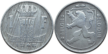 БЕЛЬГИЯ 1 ФРАНК 1946 BELGIE-BELGIQUE, ГЕРМАНСКАЯ ОККУПАЦИЯ, ВТОРАЯ МИРОВАЯ ВОЙНА KM 128 цинк 4390-133