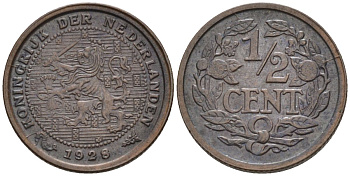 Нидерланды 1/2 цента 1928 Вильгельмина (1890-1948) KM 138 бронза 4588-945