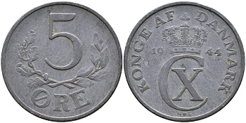 ДАНИЯ 5 ЭРЕ 1944 N; S, КРИСТИАН X (1912-1947) KM 834a цинк 72-124
