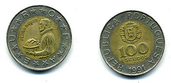 Португалия 100 эскудо 1991 Педру Нуниш (1502-1578), математик KM 645.1 биметалл 71-1621